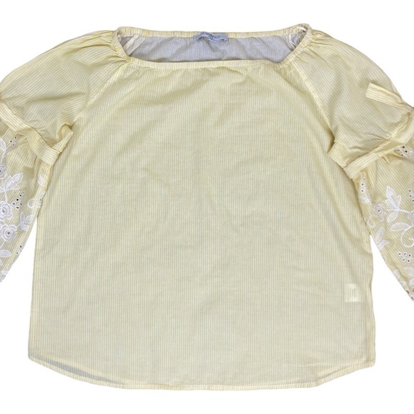 Fever Boho Peasant Blouse with Embroidered Bell Sleeves Yellow White Striped L - Picture 3 of 15